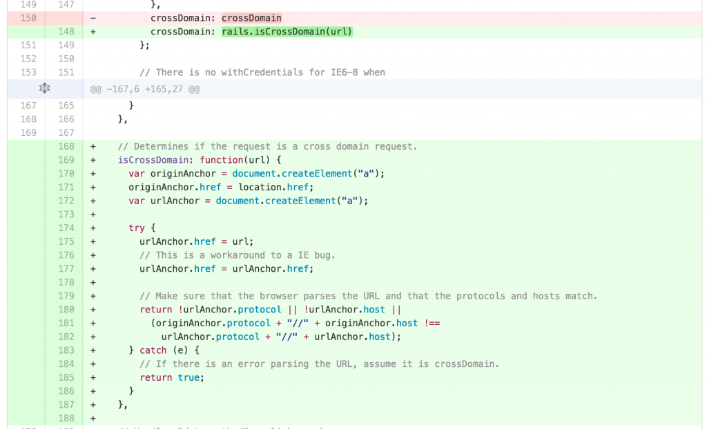 The new isCrossDomain method is used to prevent the submission of XSRF tokens  to other domains. 