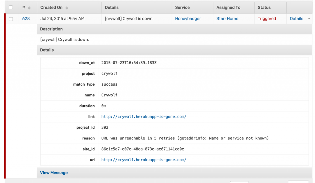 An uptime alert sent by honeybadger to pagerduty. 