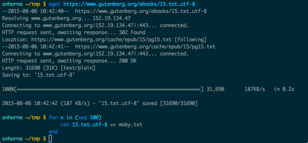 I downloaded moby dick and duplicated it several thousand times to get a large file to play with. 