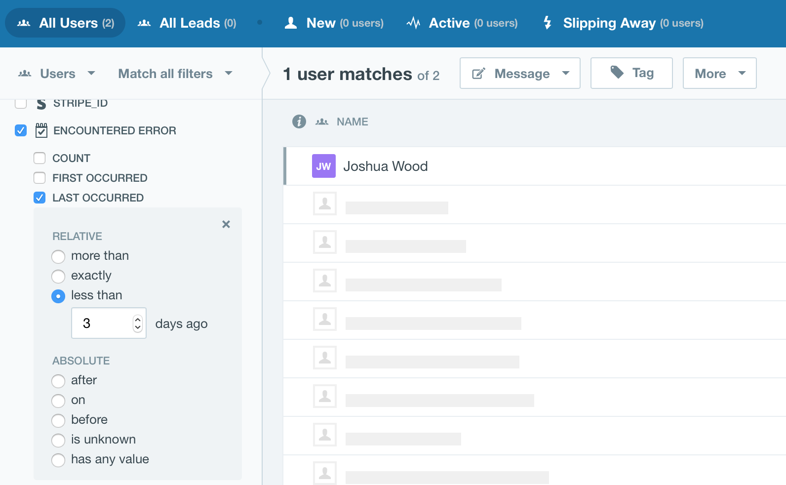 Intercom users filtered on encountered error