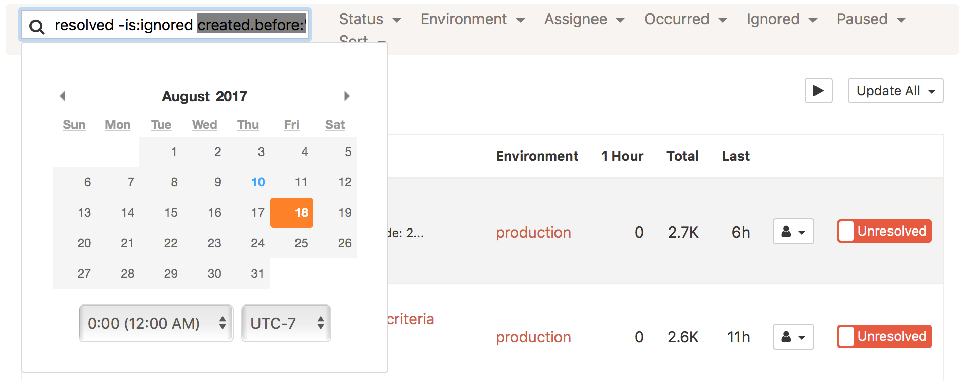 Search errors by date