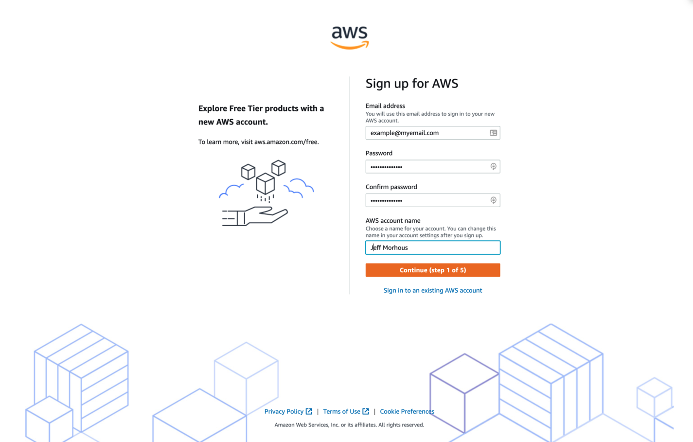 AWS Account Sign Up Page A screenshot of the AWS account sign up page