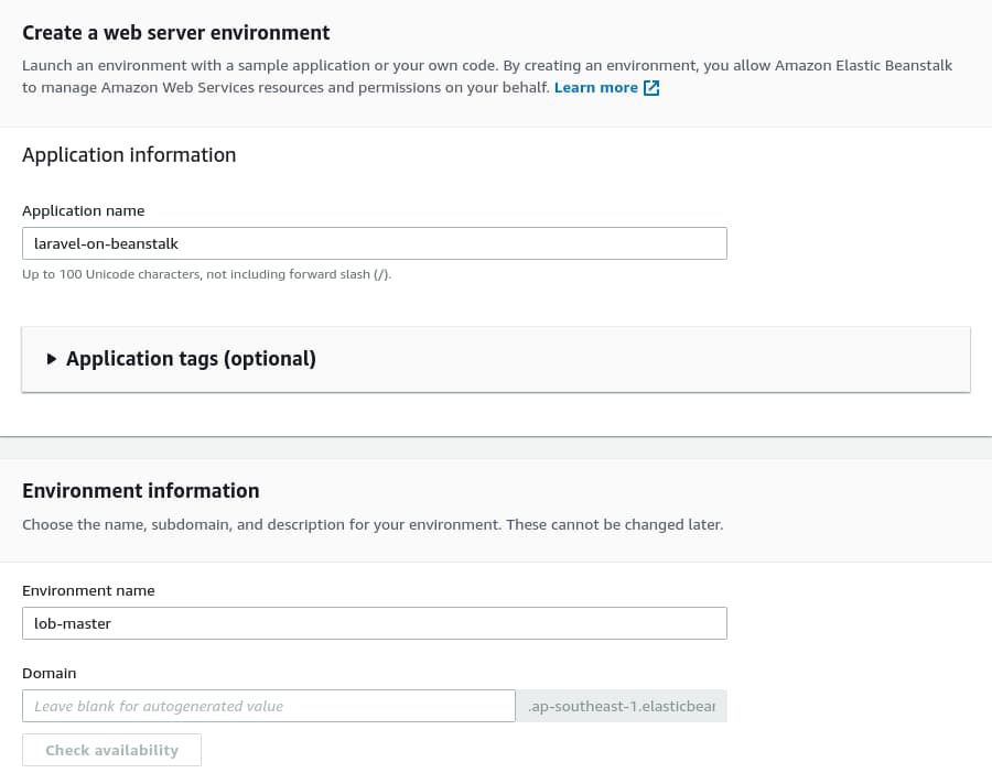 Put "laravel-on-beanstalk" as the application name and "lob-master" as the environment name
