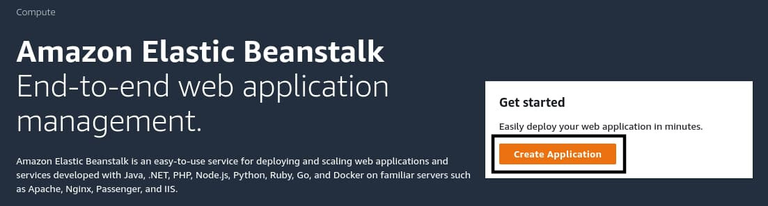 Press the "Create Application" button on the welcome page