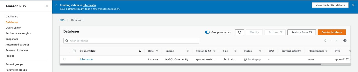You'll see a "Creating database lob-master" notification