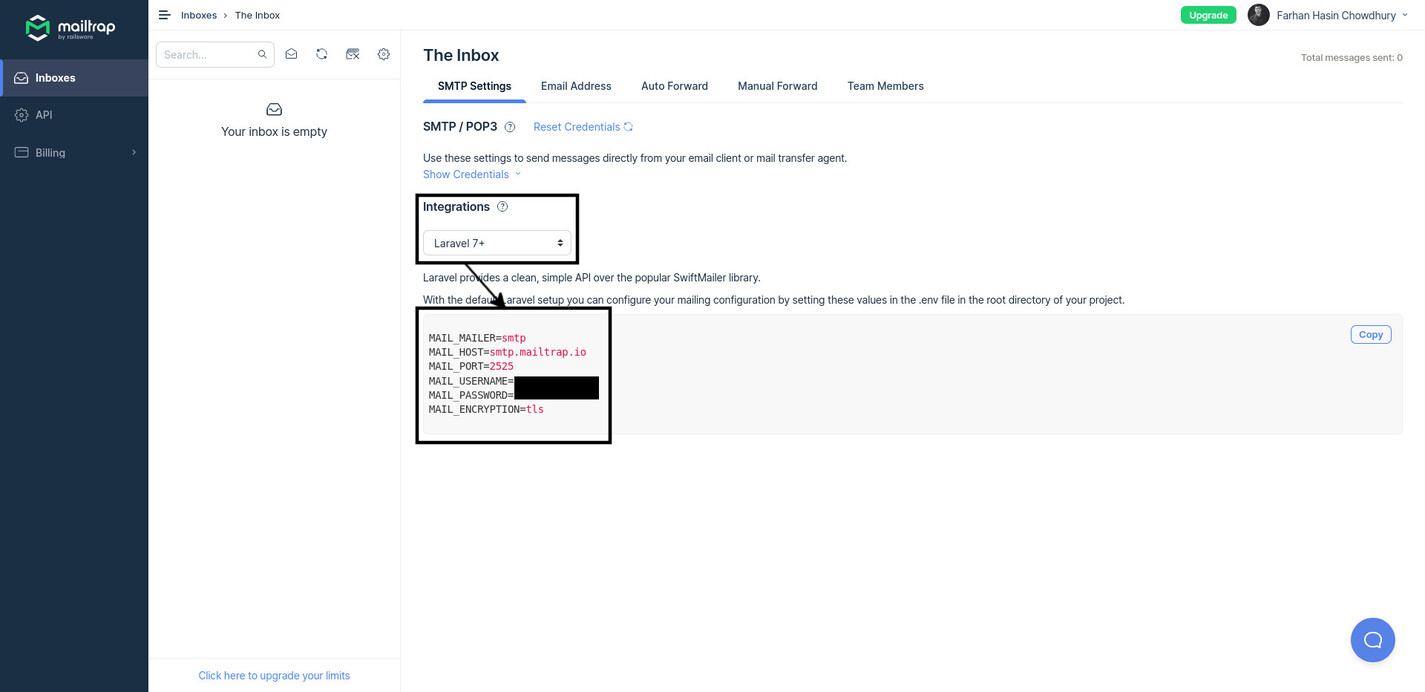 Note down the configuration variables from your MailTrap inbox