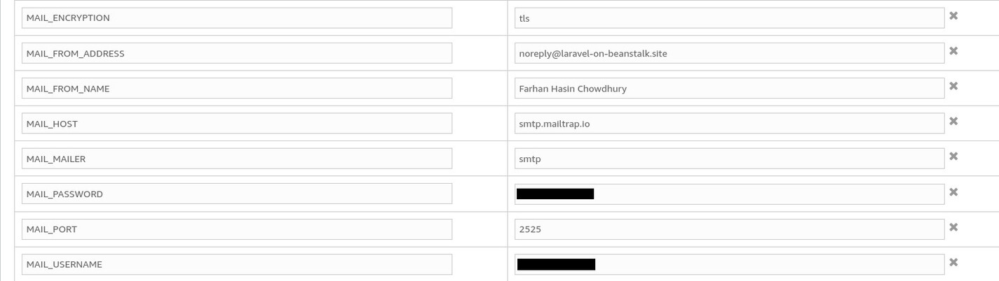 Add the MailTrap configuration variables in the "Environment properties" section