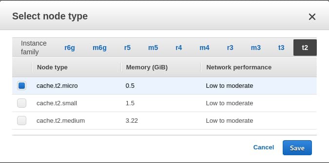 Select "cache.t2.micro" in node type
