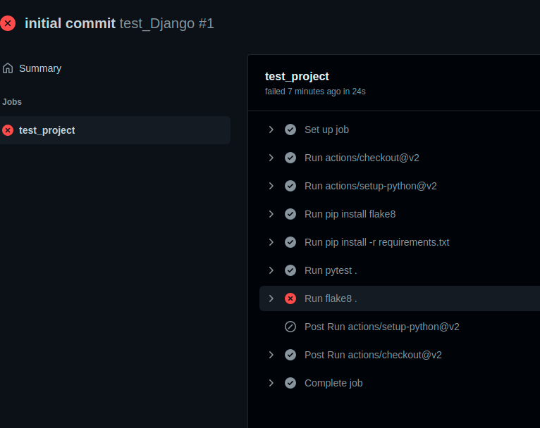 GitHub Actions test run showing failed Flake8 test.