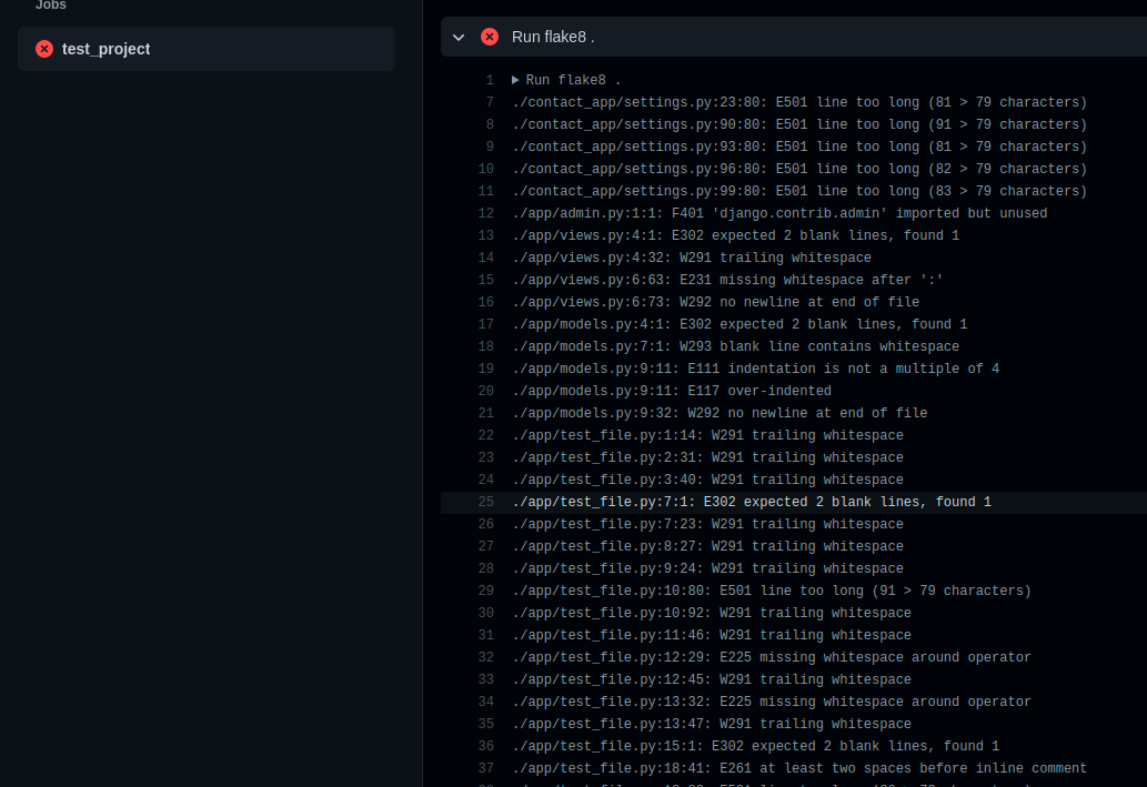 GitHub Actions output of failed Flake8 test.