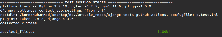 Console output showing two passed tests.