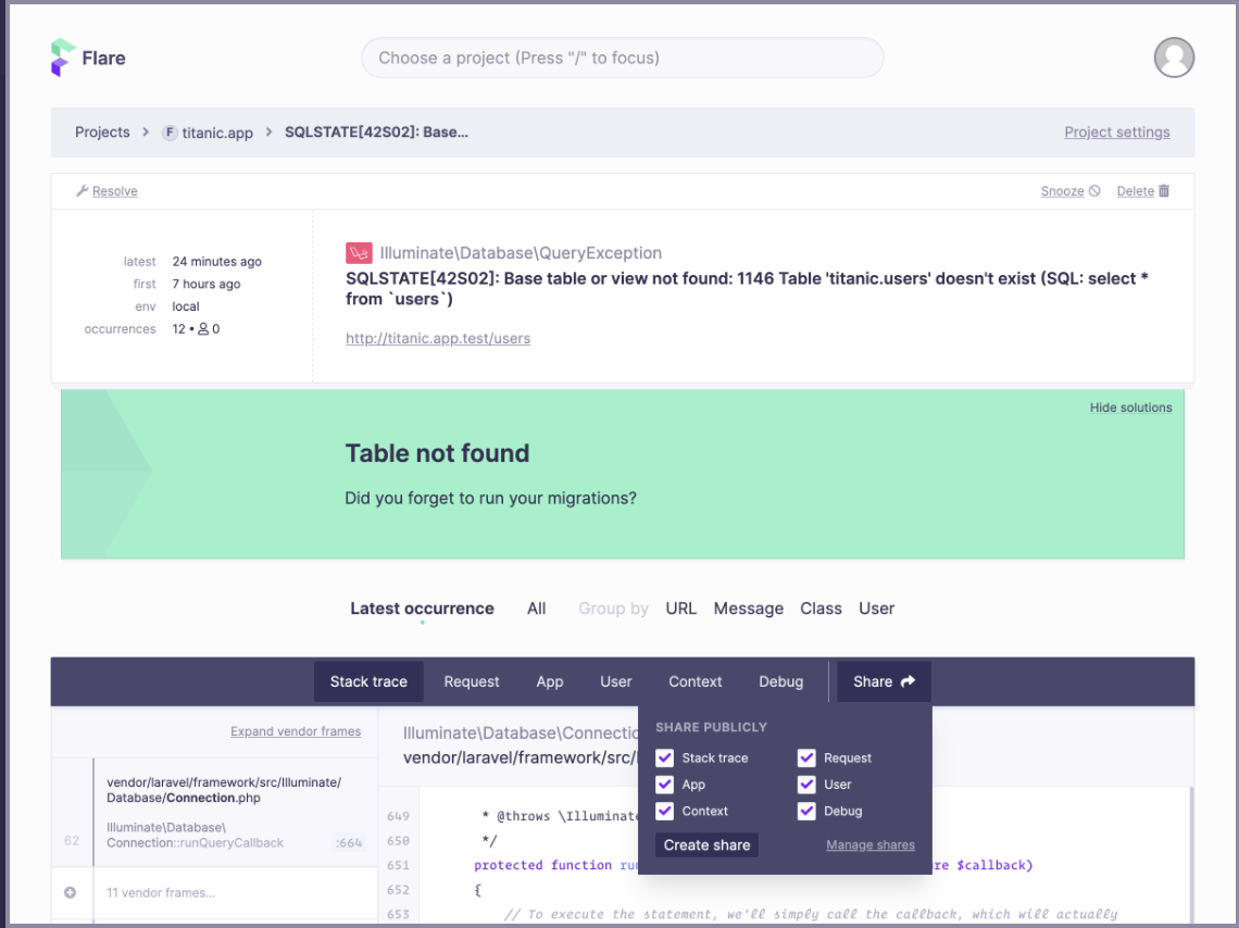 Flare stack trace example