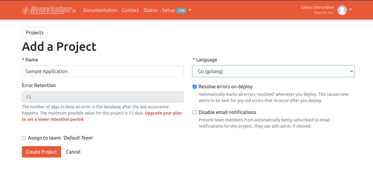 How to create a project on Honeybadger