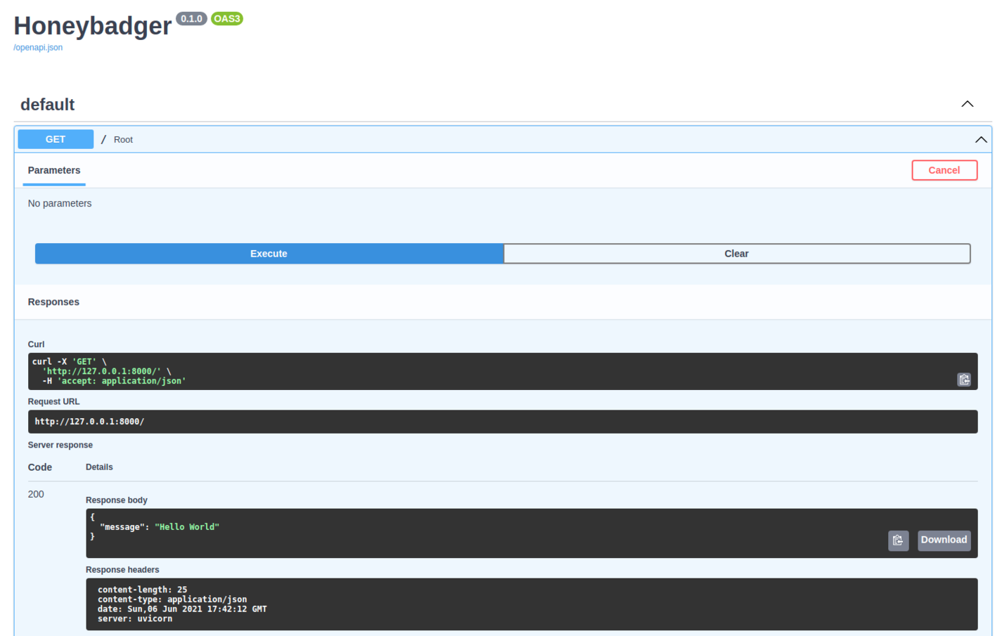 FastAPI swagger documentation.