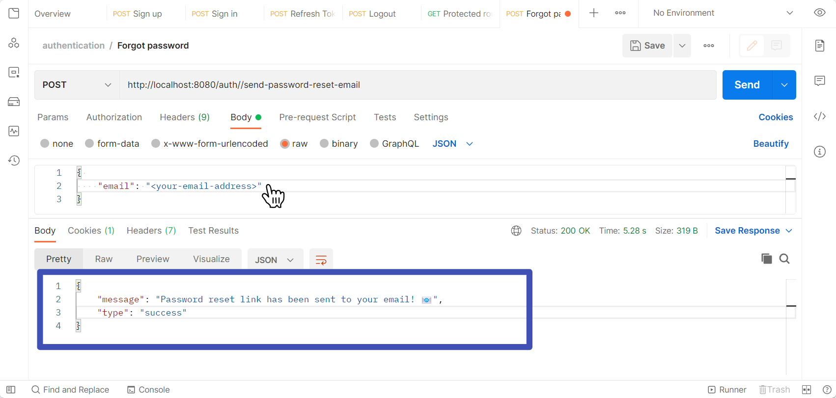sending request for getting password reset email