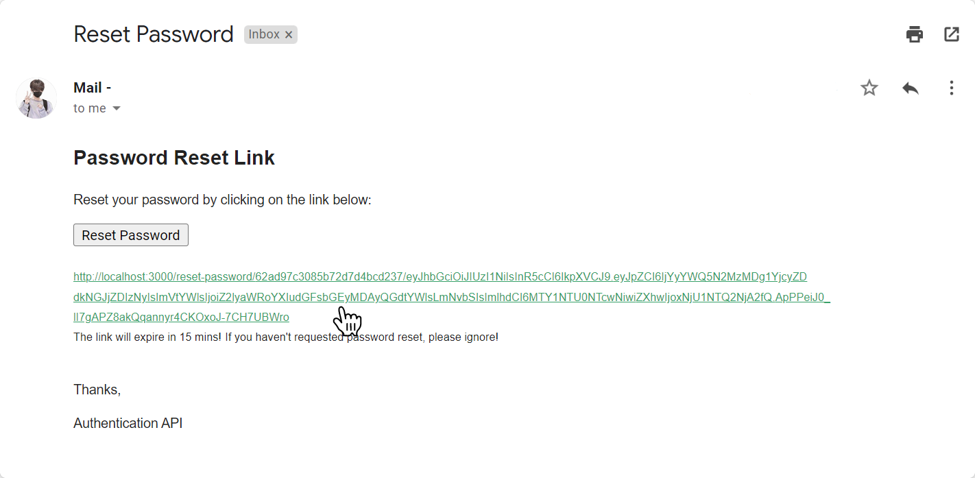 password reset email in the inbox