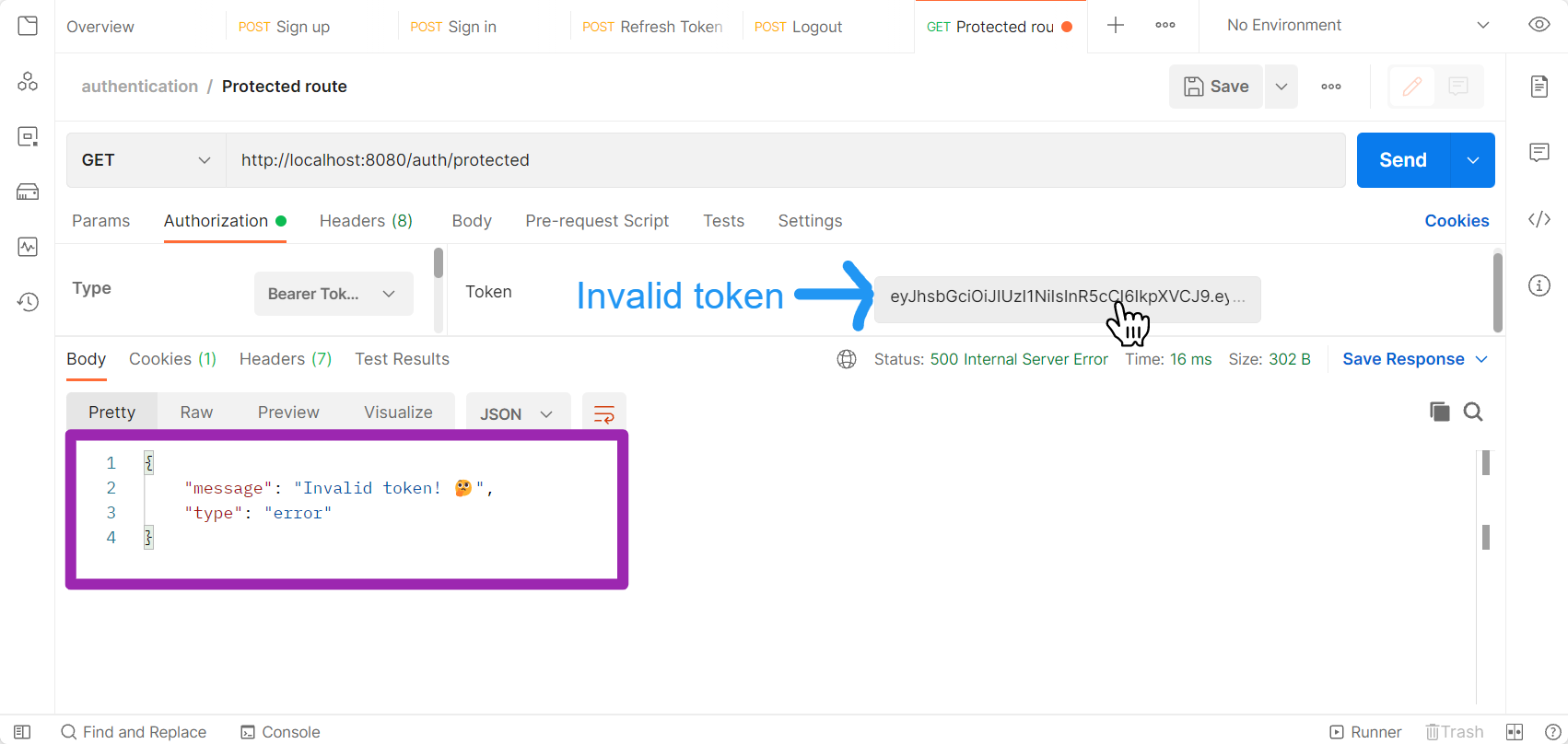 sending request to protected route using invalid token