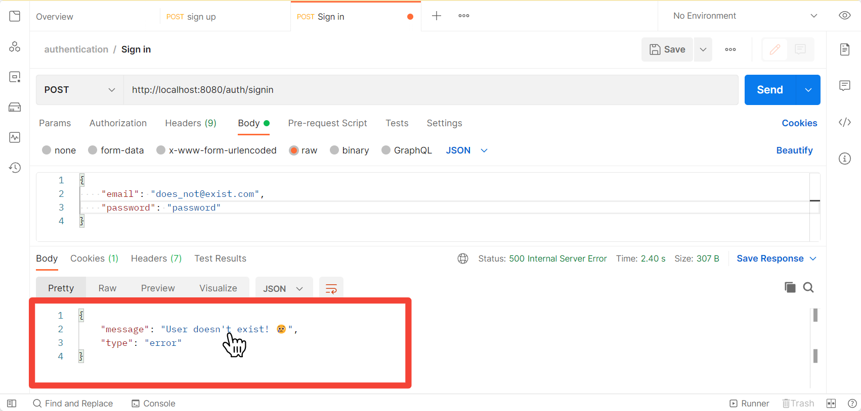 message after trying to sign in using invalid email or email that does not exist