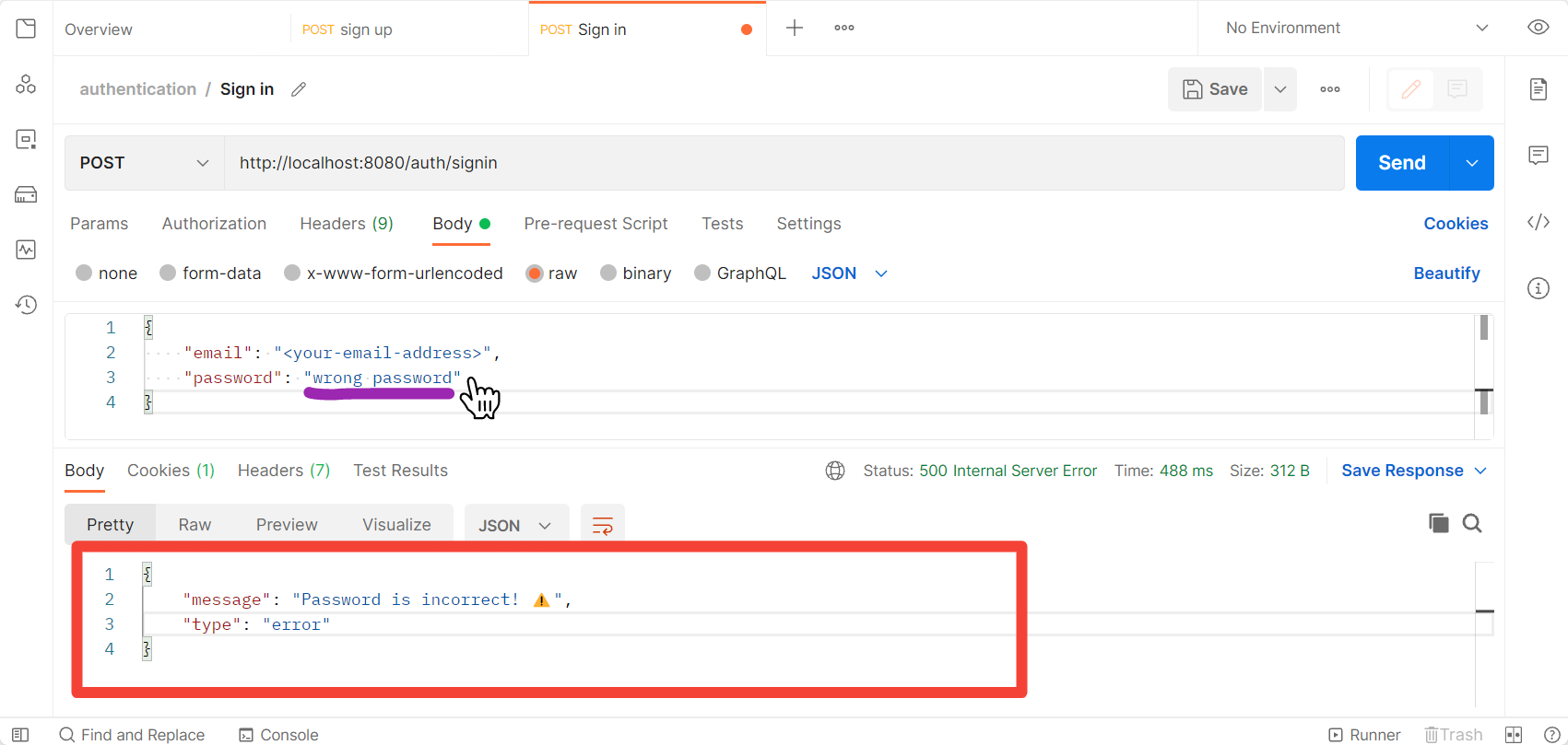 message after trying to sign in using wrong password