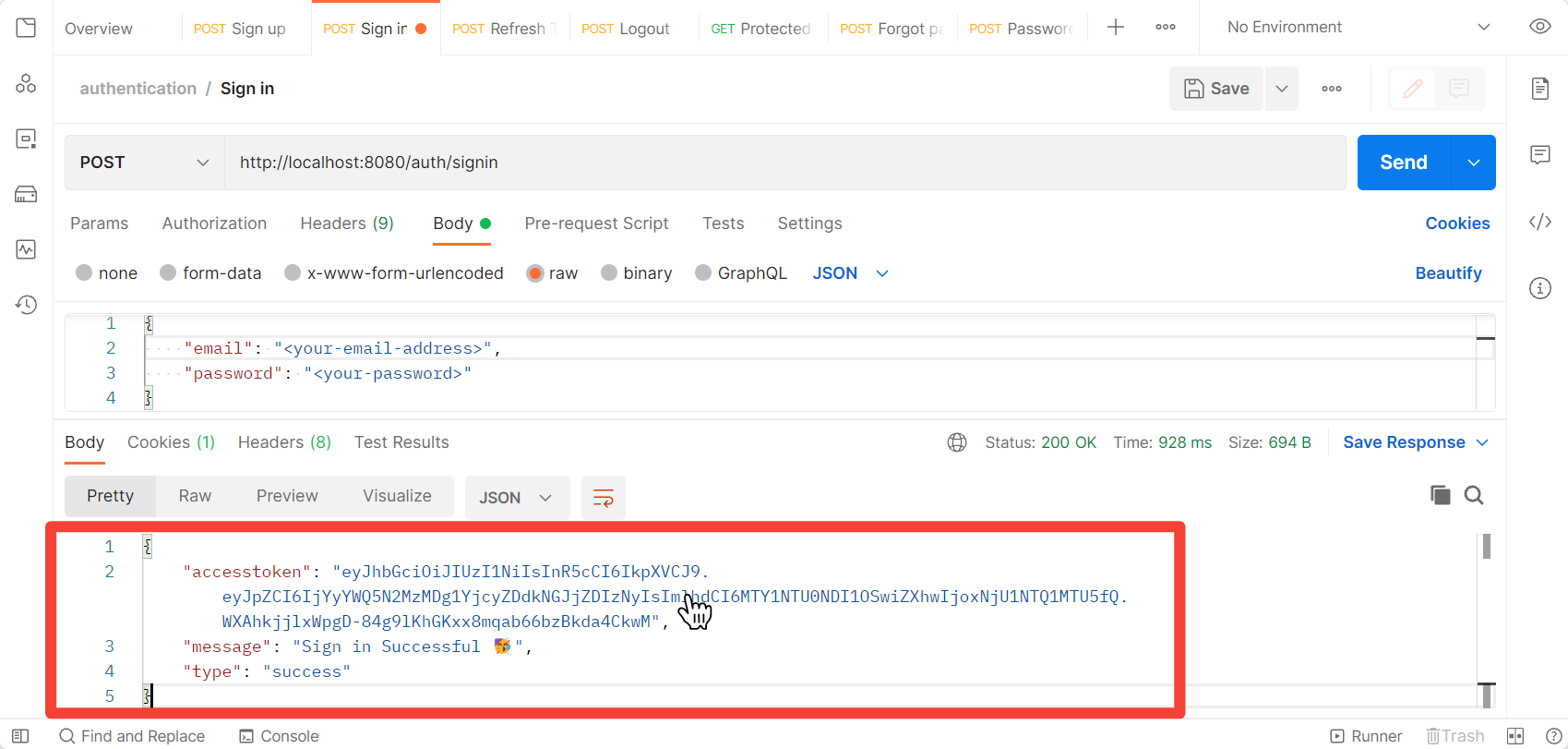 logging in with the newly created user credentials