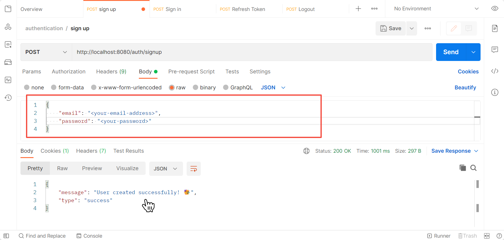 sending email and password along with the body of request