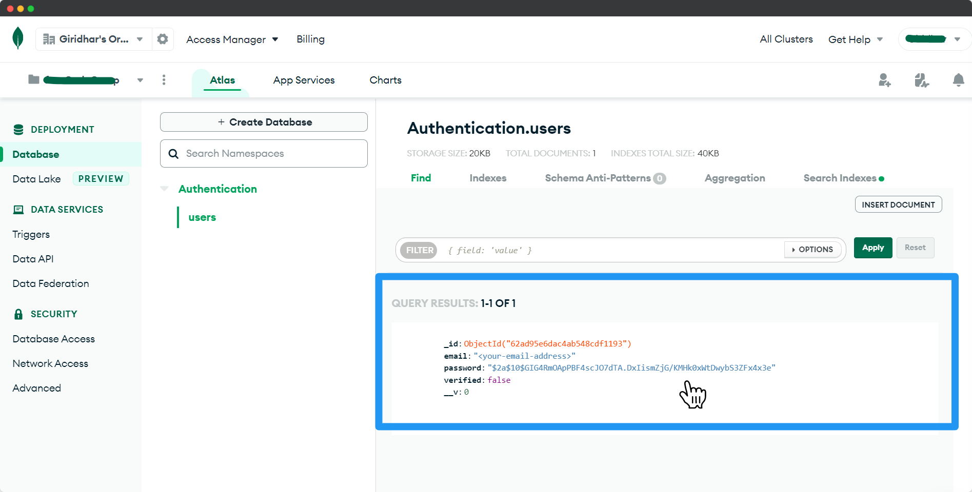 user stored in mongodb atlas with hashed password