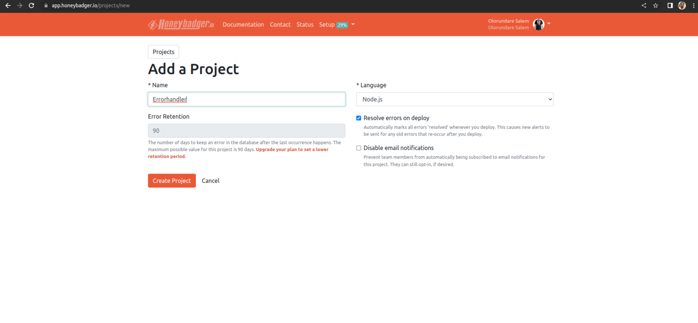 How to create project on Honeybadger