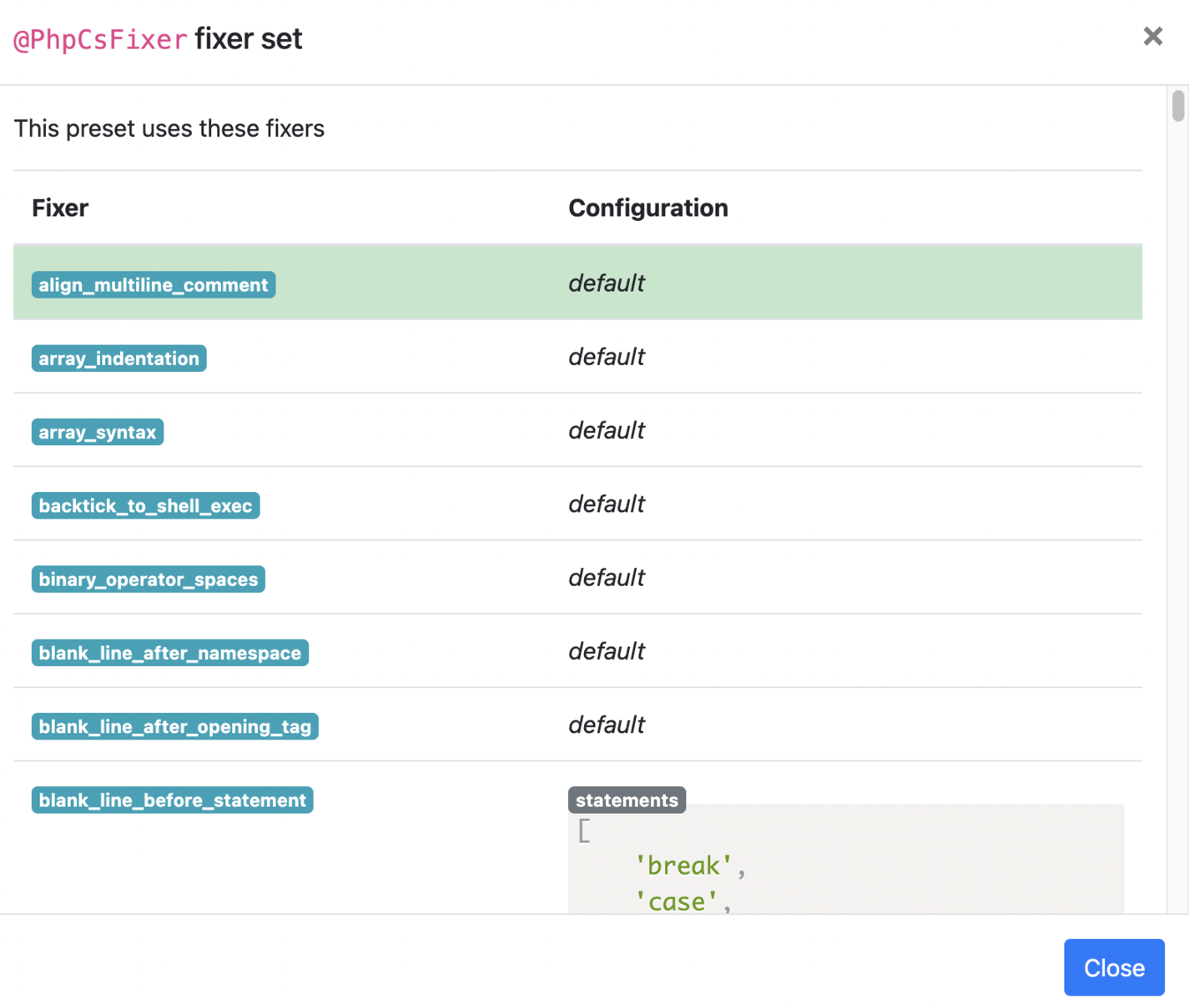 PHPCS fixer set in PHPCS fixer configurator