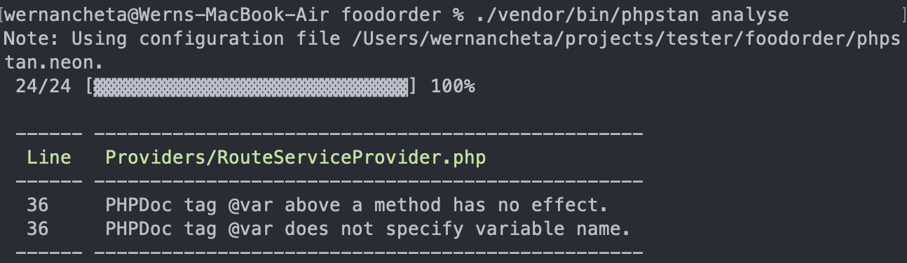 phpstan level 5 errors displayed on the terminal