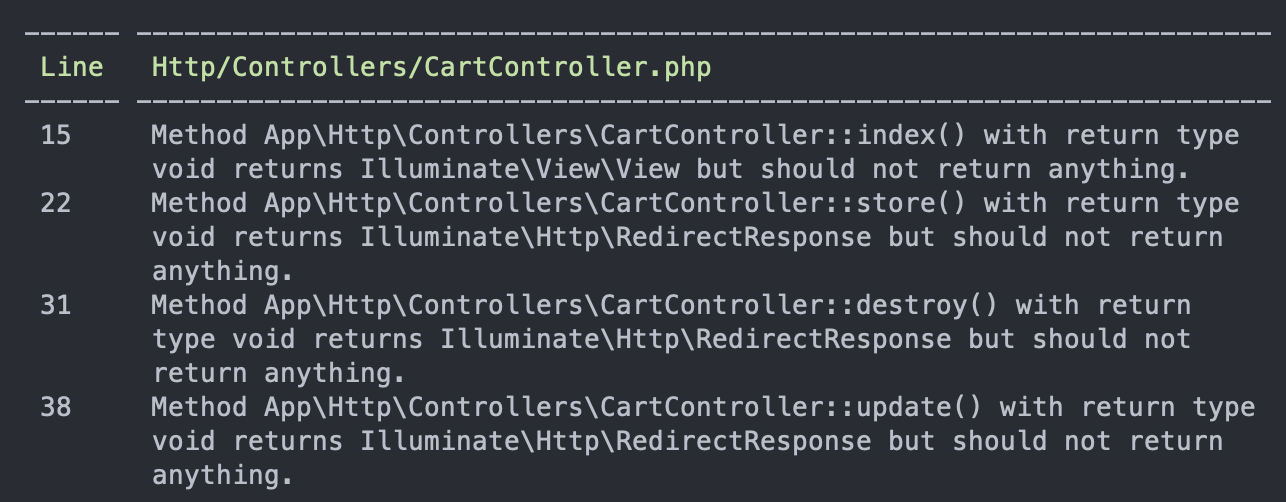 phpstan missing return type issues