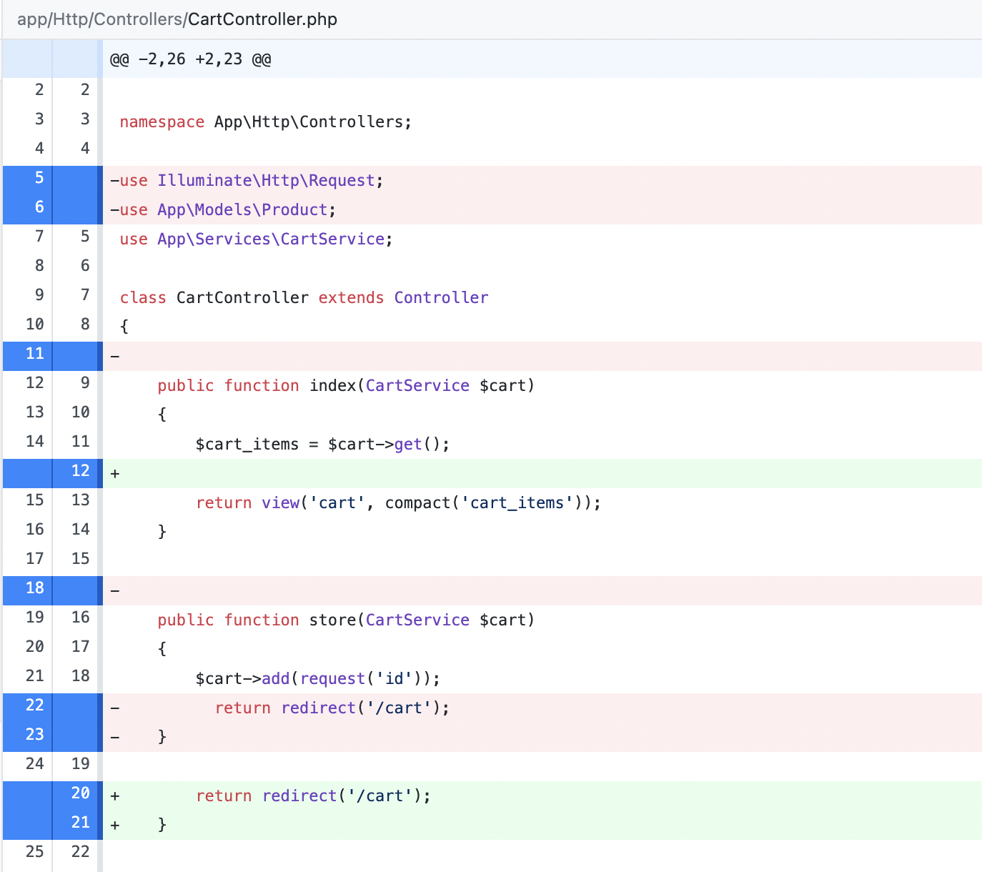 Changes made by Pint, displayed on a diff checker tool