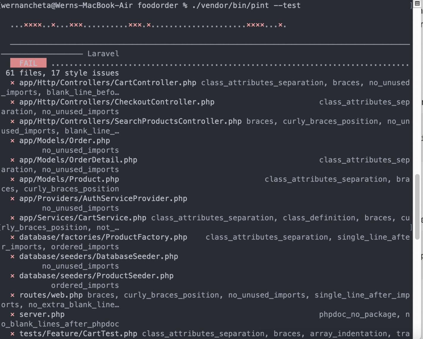 Output of running the Pint test command, showing several code style issues