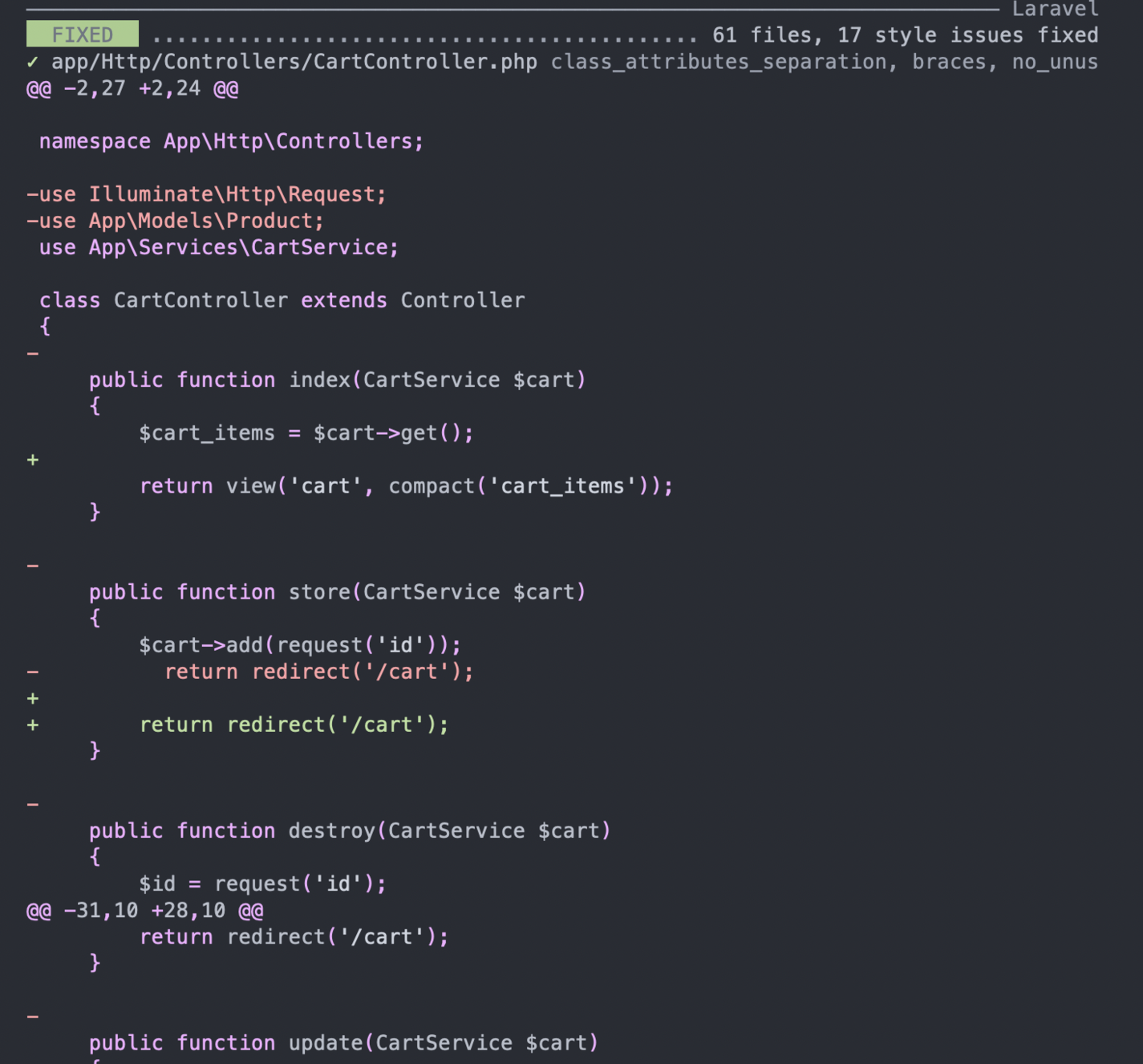 Output of changes made by pint, displayed in the terminal