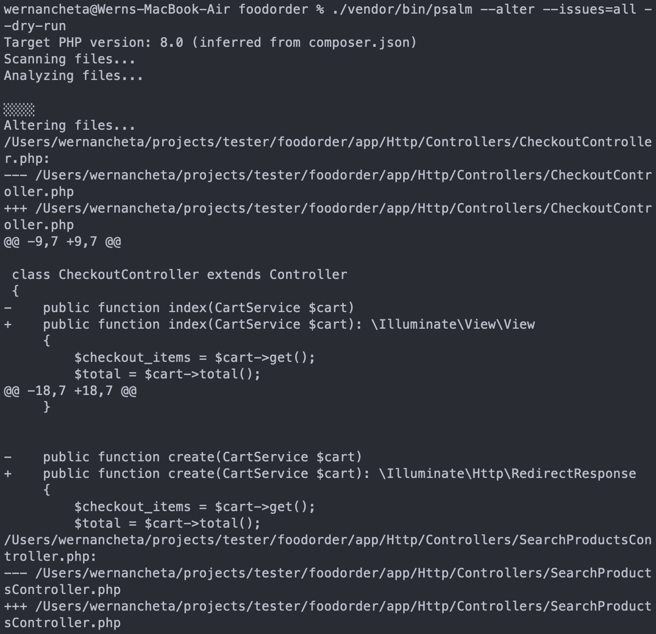 Psalm fix issues dry run displayed on the terminal