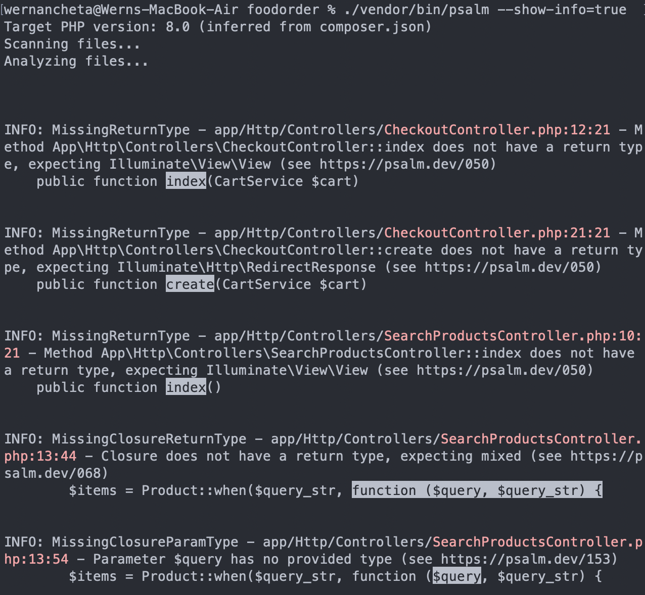 Psalm with info displayed on the terminal