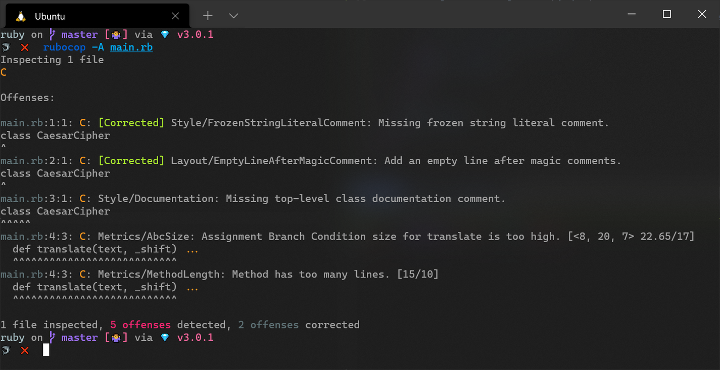 Terminal showing RuboCop autocorrecting unsafe cops