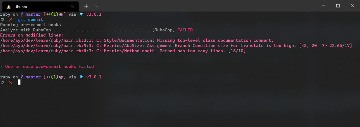 Terminal showing RuboCop pre-commit in action