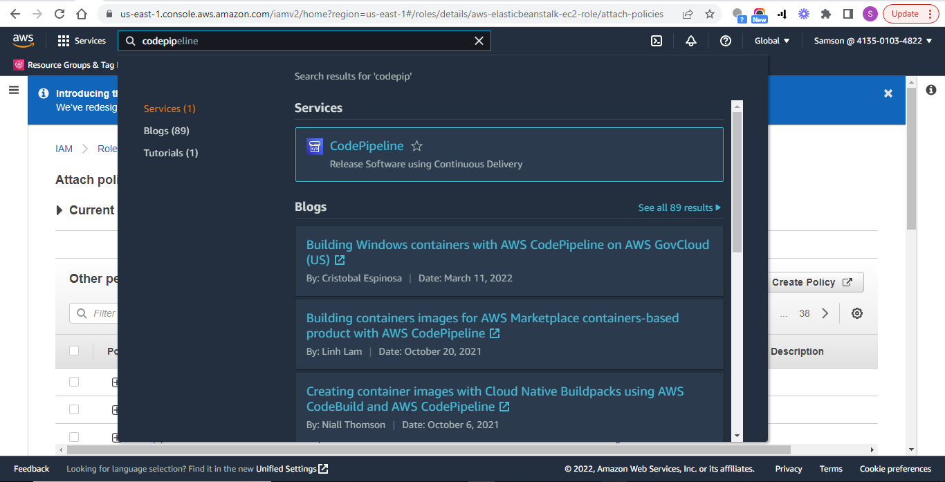 Search for CodePipeline