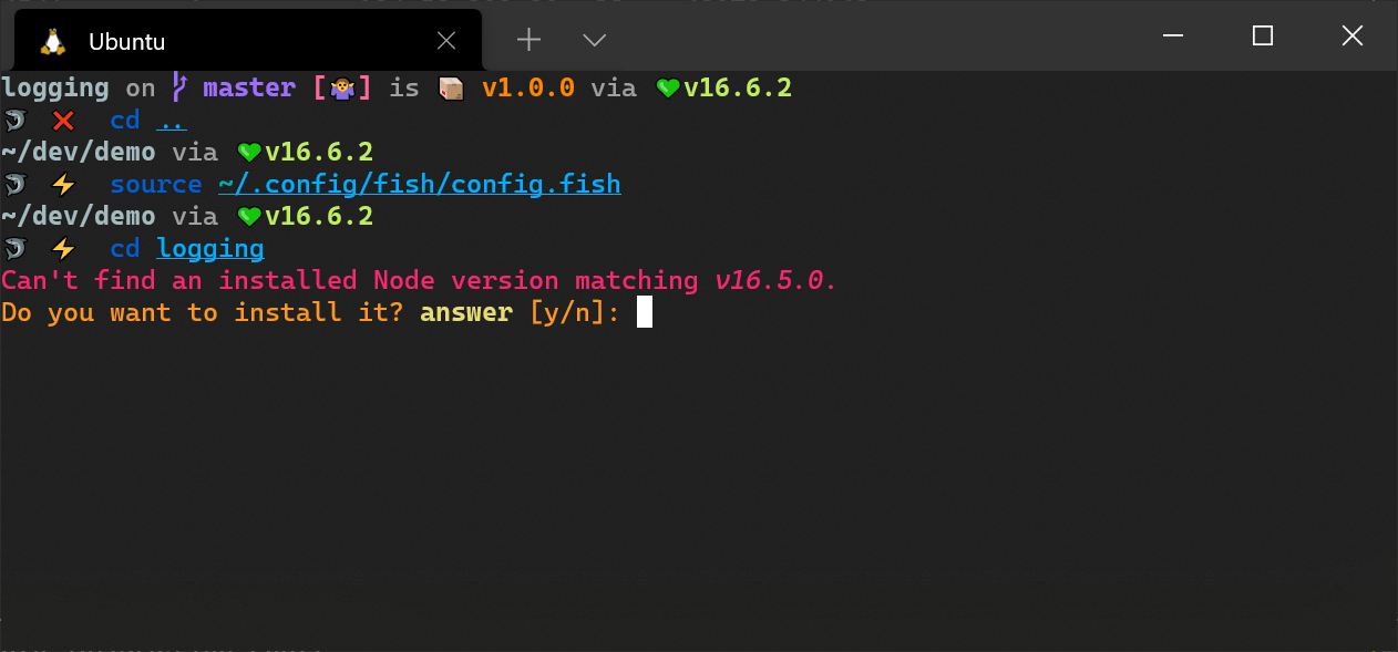 Terminal showing an FNM auto switching Node.js version