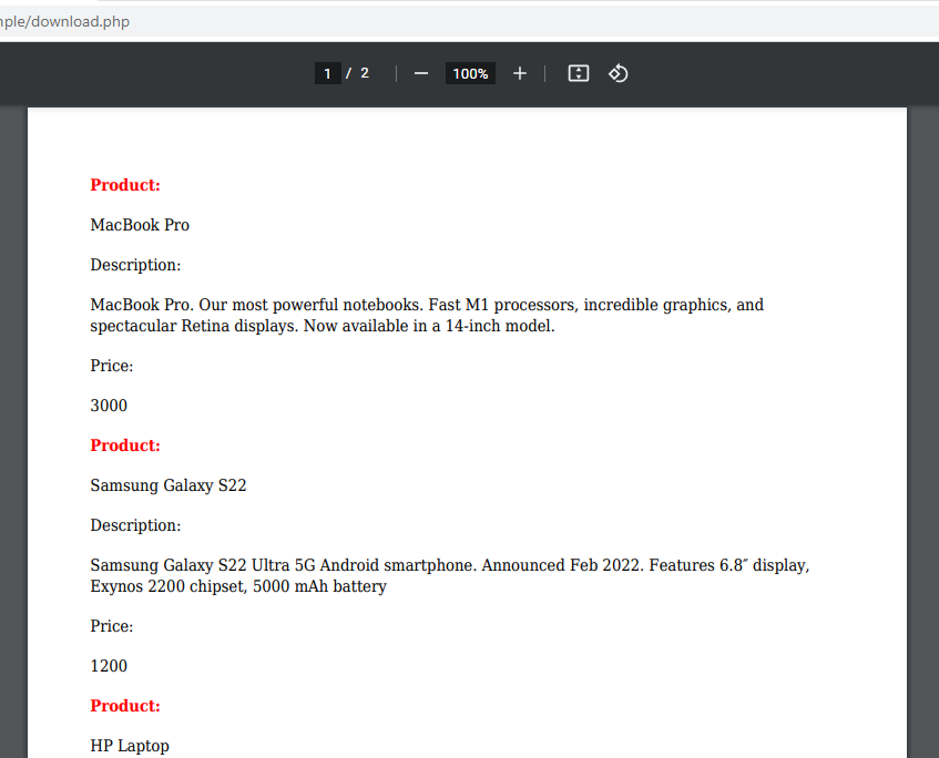 A PDF showing items from  a database
