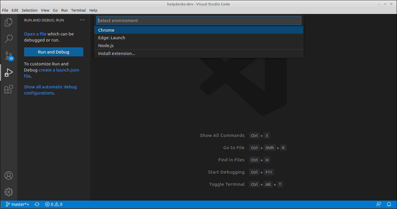 Options to select a debugging environment