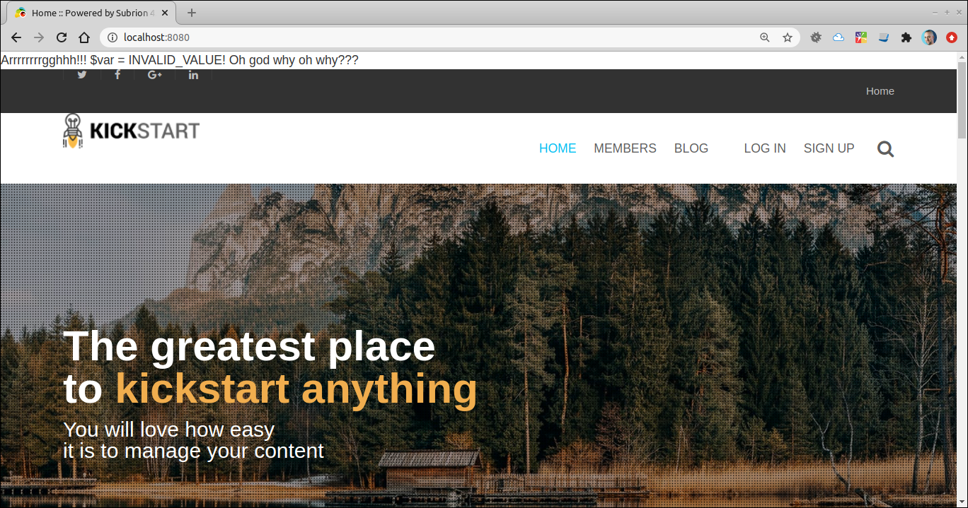 Screen containing debugging message
