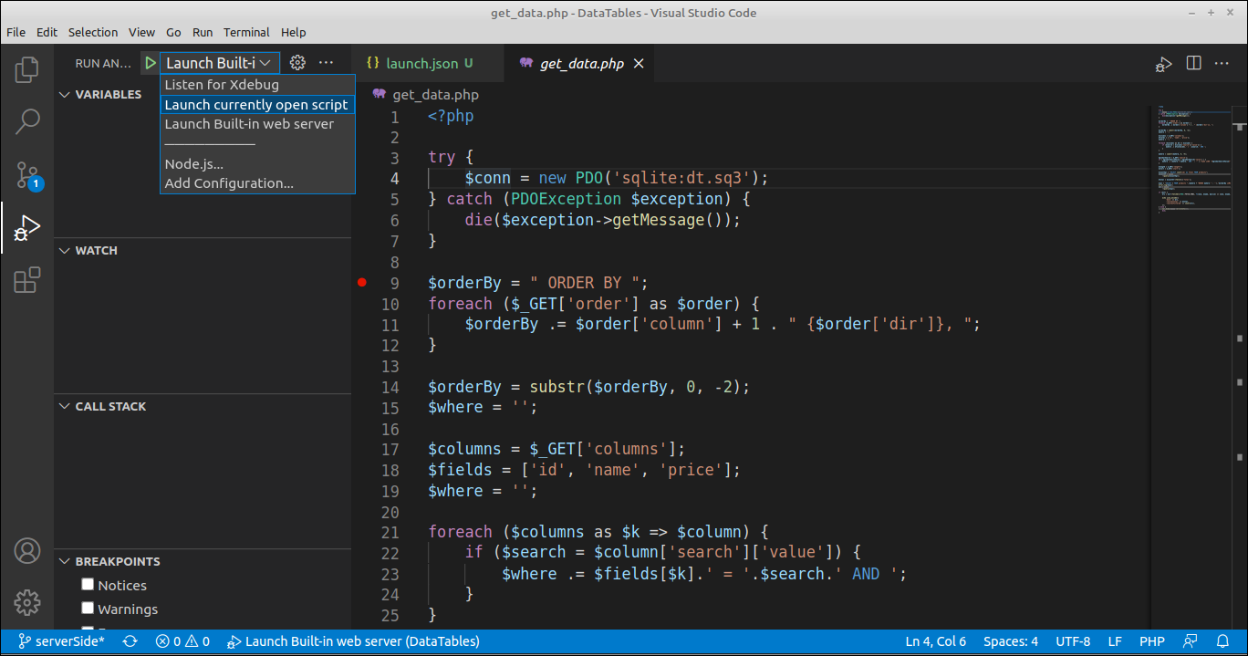 Dropdown option "Launch currently open script" selected