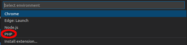 Menu showing "PHP" as a new option