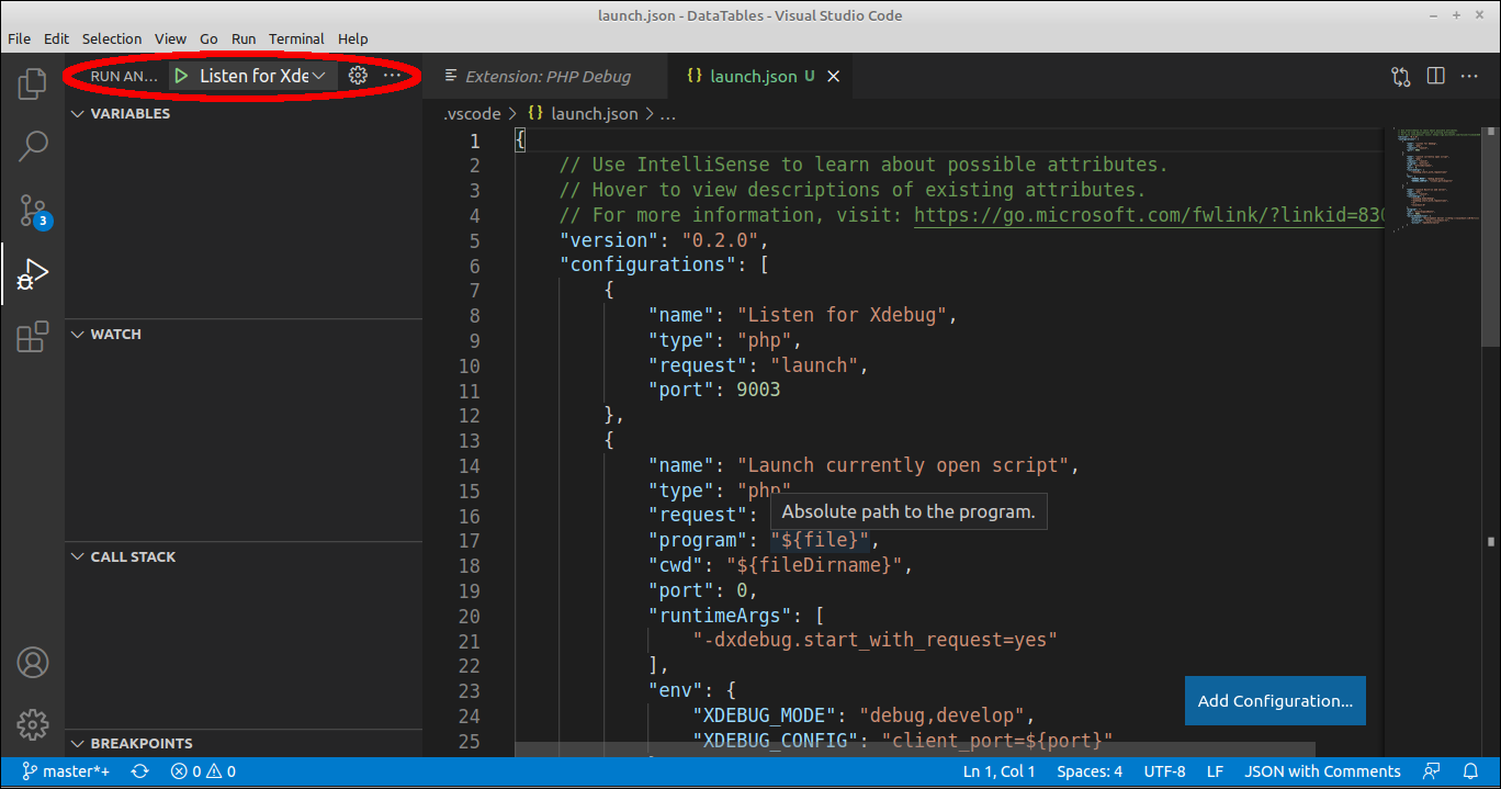 Run and debug options dropdown
