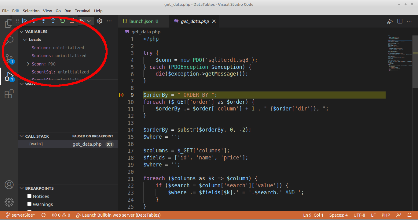 A panel showing the variable contents