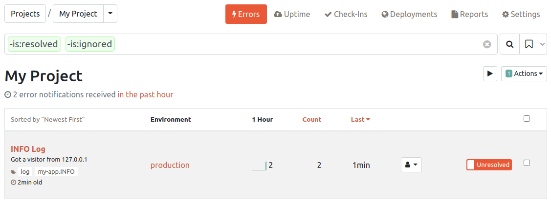 Log message from php at Honeybadger's Dashboard
