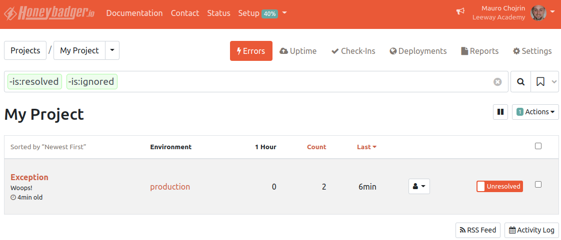 Exception message from PHP in Honeybadger's Dashboard