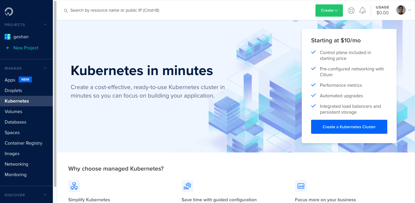 Start creating a Kubernetes cluster on DigitalOcean