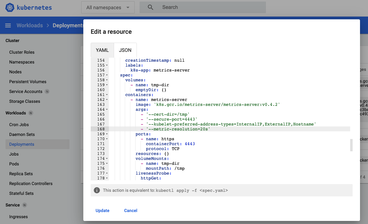 Change metrics resolution in metrics server deployment